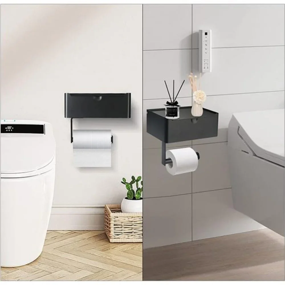 Toilet Paper Holder with Shelf -  Stainless Steel Wall Mount Bathroom Organizer